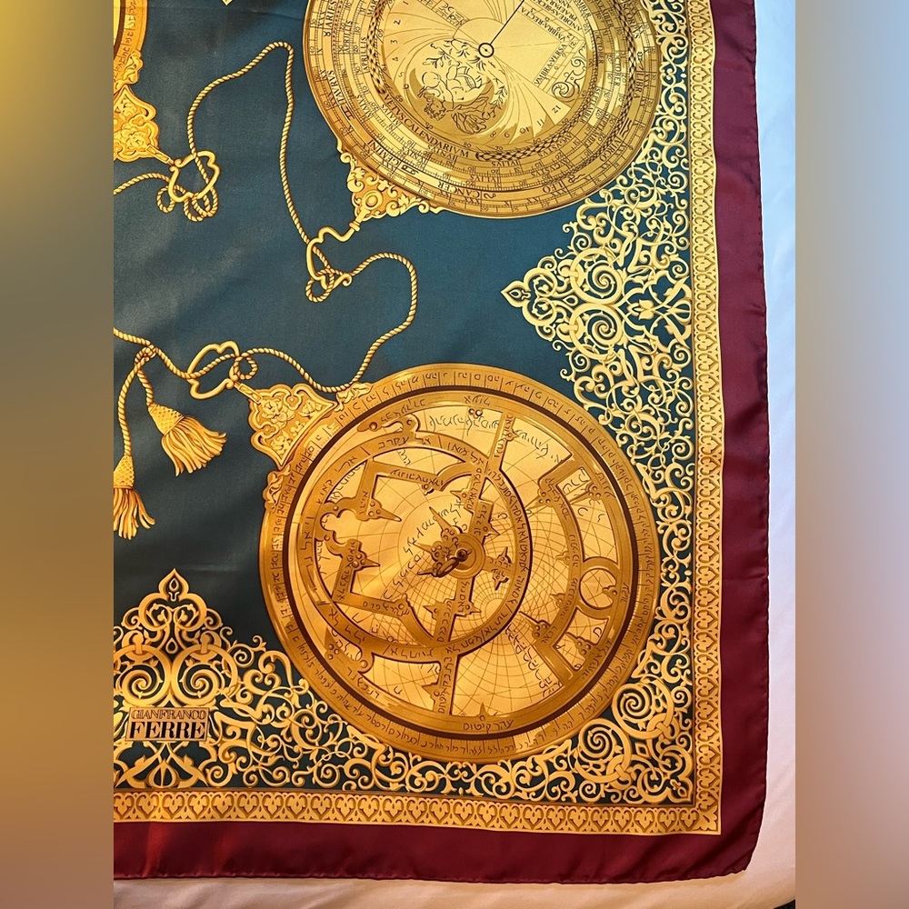 Vintage Gianfranco Ferre Silk Scarf Golden Astronomy Calendar hand rolled 34x34 - Picture 6 of 10